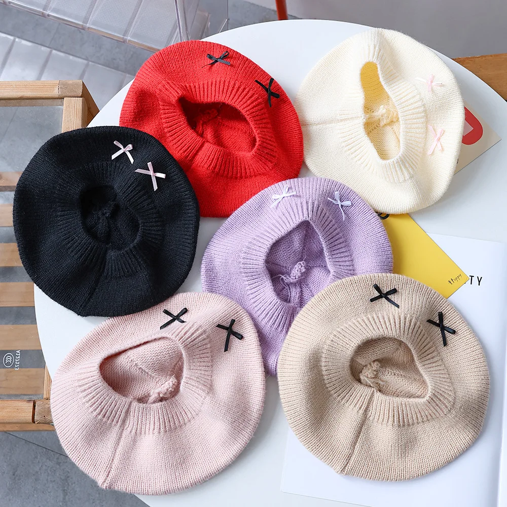 

Bow Baby Beret Hat Winter Warm Knitted Beanie Cap For Infant Girls Korean Toddler Princess Artist Solid Color Painter Caps