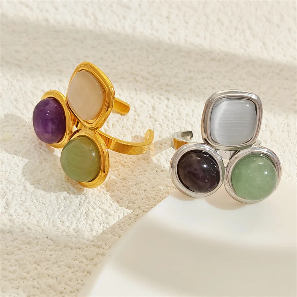 HUANZHI Irregular Tricolor Stone Ring for Women Girls Personalized Stainless Steel Fashionable Simple Open Design Jewelry