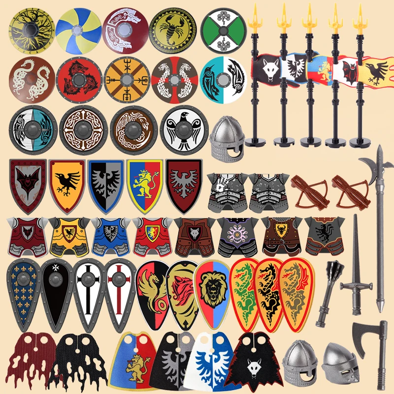 MOC Medieval Military War Castle Knight Army Shield Armour Weapon Accessories Building Blocks Warrior Cloak Flag Sword Brick Toy