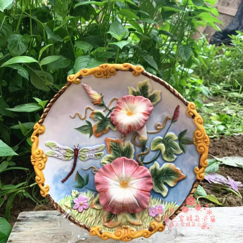 3D Morning Glory Decorative Wall Dishes Porcelain Decorative Plates Home Decor Crafts Room Decoration Accessories Figurine