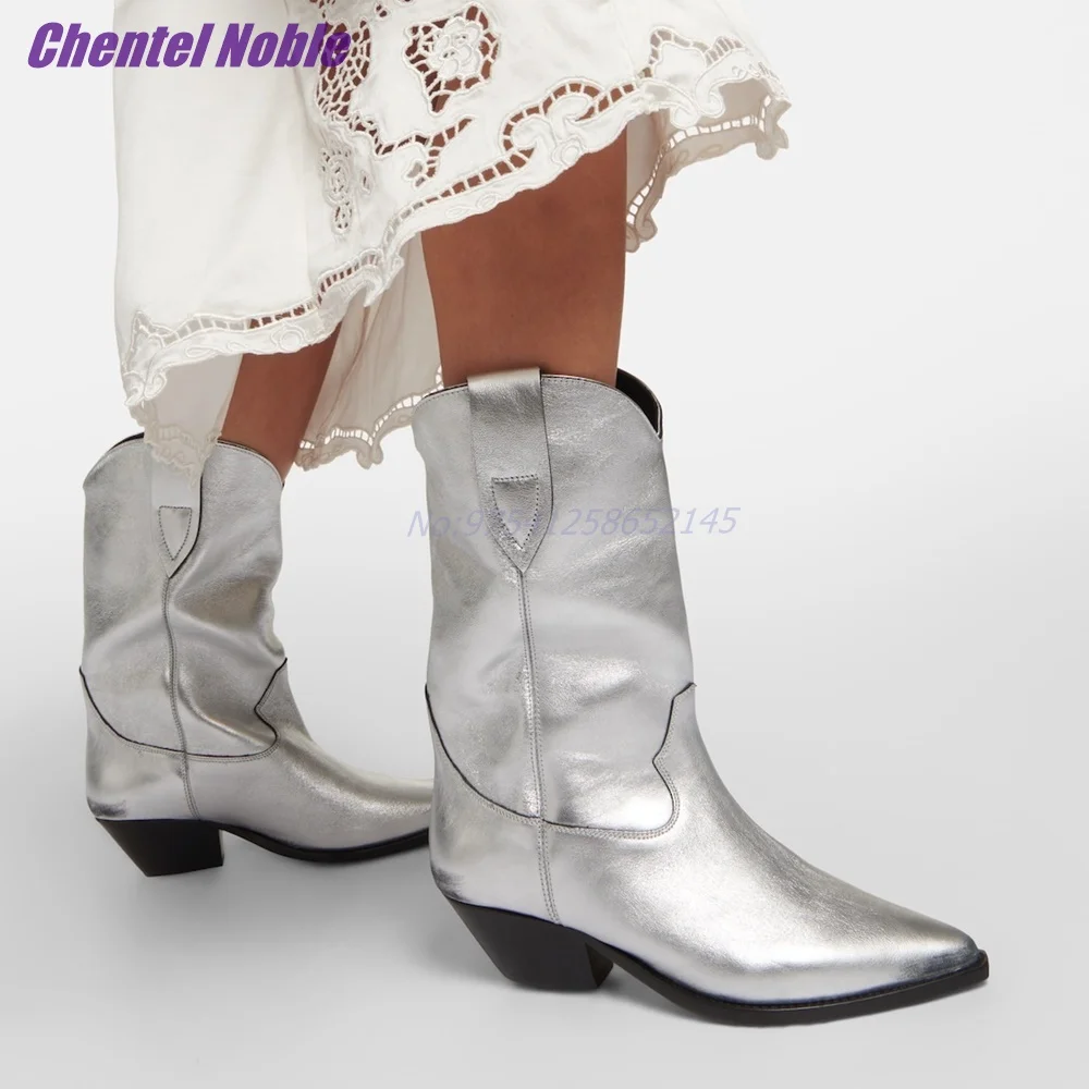 Sliver Metallic Leather Boots Chunky Middle Heel Solid Pointed Toe Chelsea Boots Designer Fashion Women Shoes Daily Mid-calf