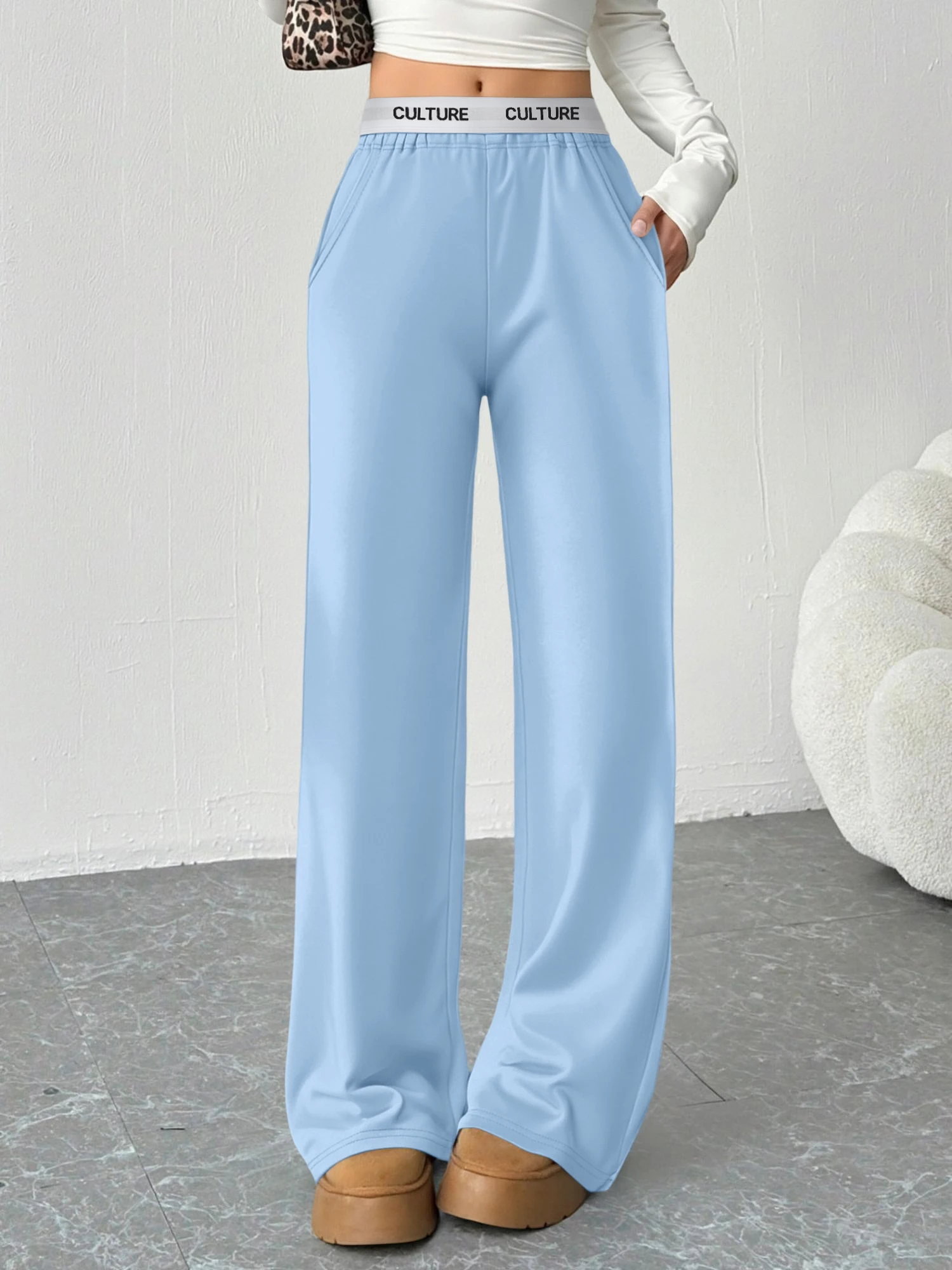 بنطال رياضي نسائي أسود واسع الساق، سروال كاجوال فضفاض مع خصر مطاطي وجيوب #3