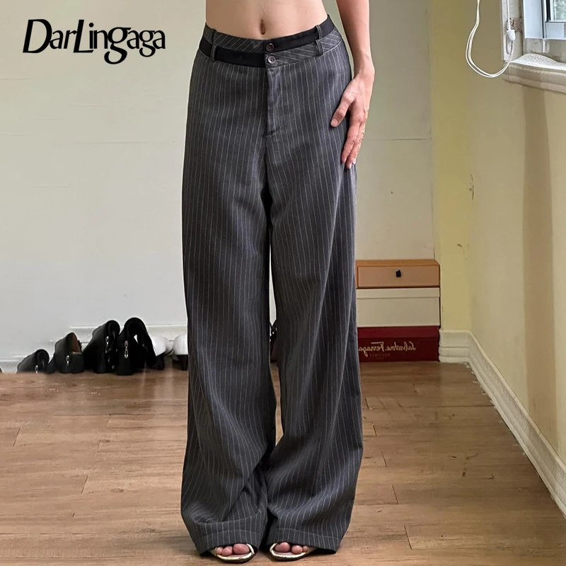 

Darlingaga Harajuku Stripe Patched Straight Leg Women Suit Pants Streetwear Basic Office Ladies Trousers Contrast Color Outfits