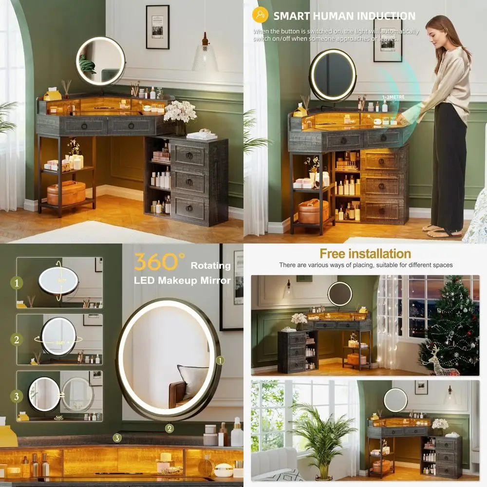 مكتب زينة زاوية بنية مع مرآة وأضواء LED ومحطة شحن