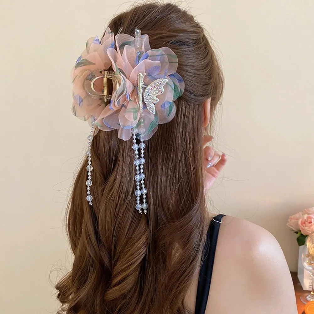 

Fashion Flower Hairgrips Tassel Mesh Hair Claw Plastic Shark Clip Girl