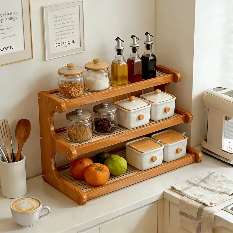 Wooden Storage Rack — Multi-Tiered Spice Shelf, Kitchen Countertop Tiered Organizer, Multi-Functional Condiment Jar Holder