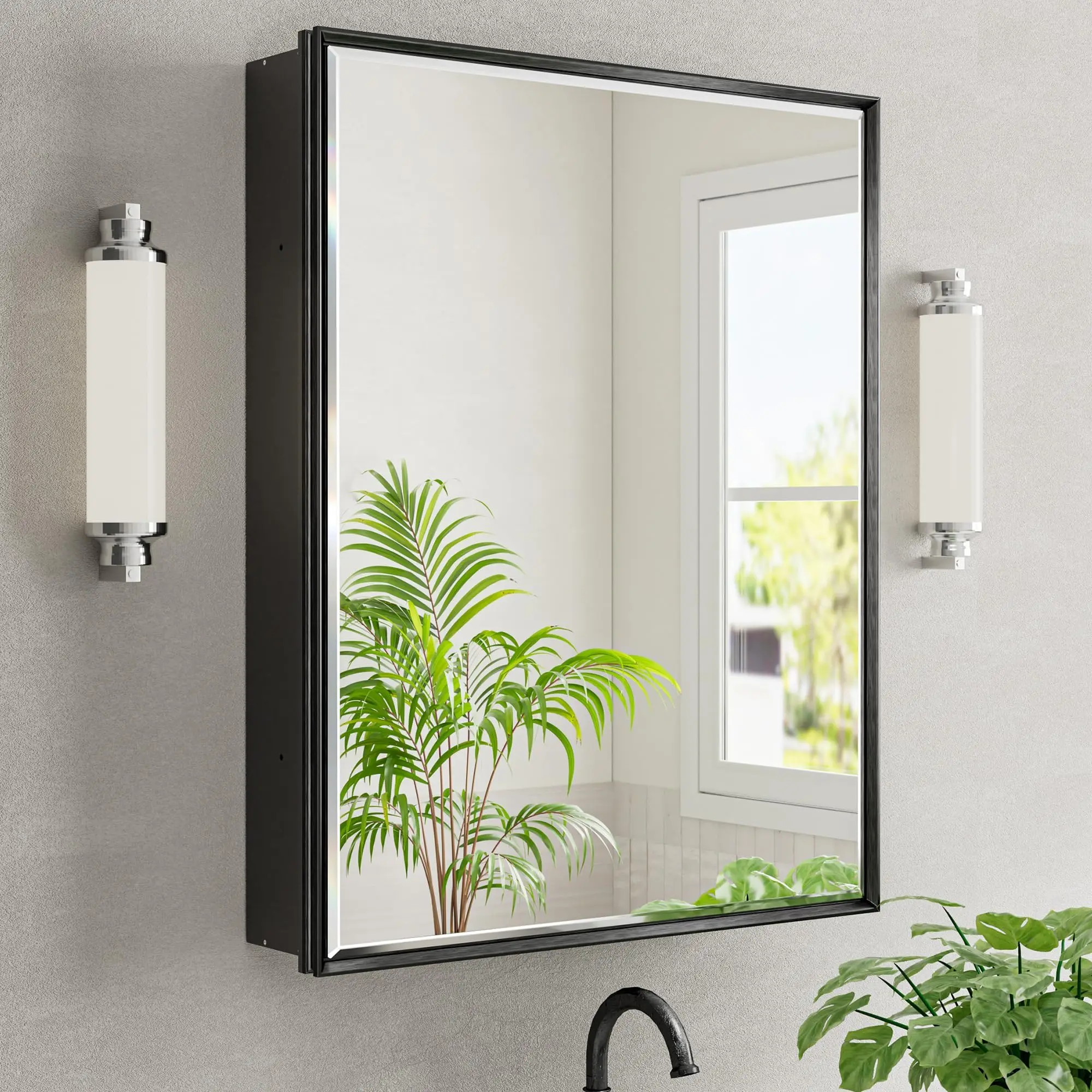 24x30 Pre-Assembled Black Medicine Cabinet with Mirror, Surface or Recessed Medicine Cabinet Mirror for Bathroom