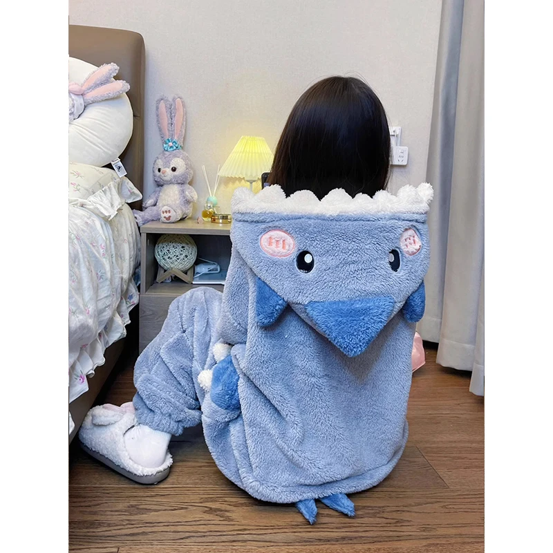 Cartoon Cute Shark Women\'s Pajamas Flannel Hooded Sleepwear Pijama jumpsuit Female Set Cute Pyjamas Christmas Party Loungewear