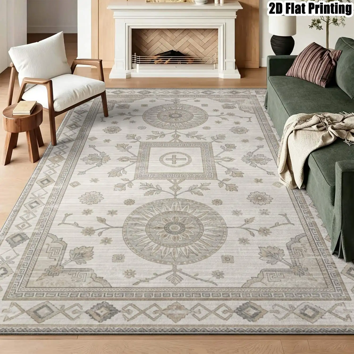 1Pc 2D Printed Beige Geometric Floral Vintage European Bohemian Carpet, Machine-Washable Multi-Size Home Decor Mat for Entrance, Living Room, Bedroom, Dining Room, Foyer