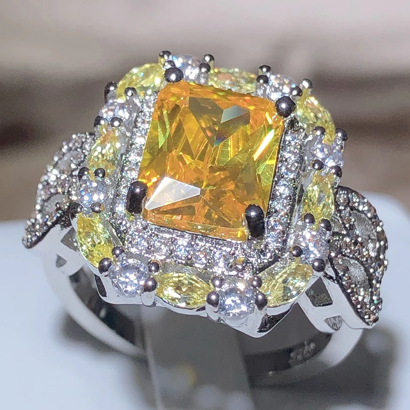 Gorgeous Square Yellow CZ Women Ring Bright Vintage Party Female Elegant Accessories High Quality Jewelry Wholesale