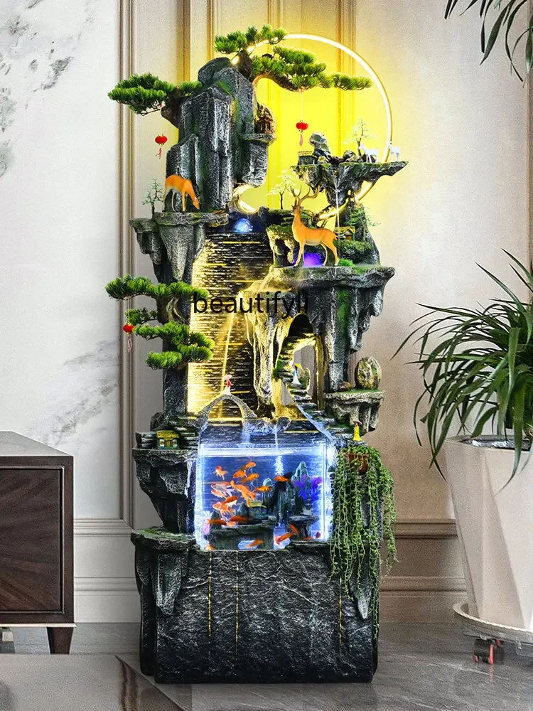 

New Chinese Style Artificial Mountain and Fountain Living Room TV Cabinet Fish Tank Home Decoration