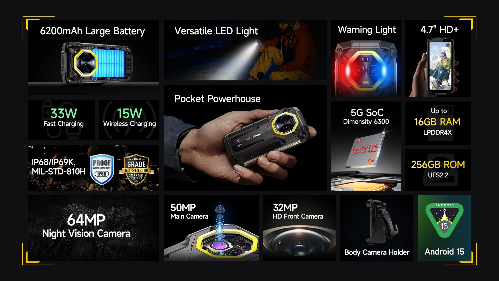 Ulefone Armor Mini 20 Pro 5G 4.7' Rugged Phone 64MP Night Camera Android Smartphone 6200mAh 16GB+256GB Mobile Phone LED