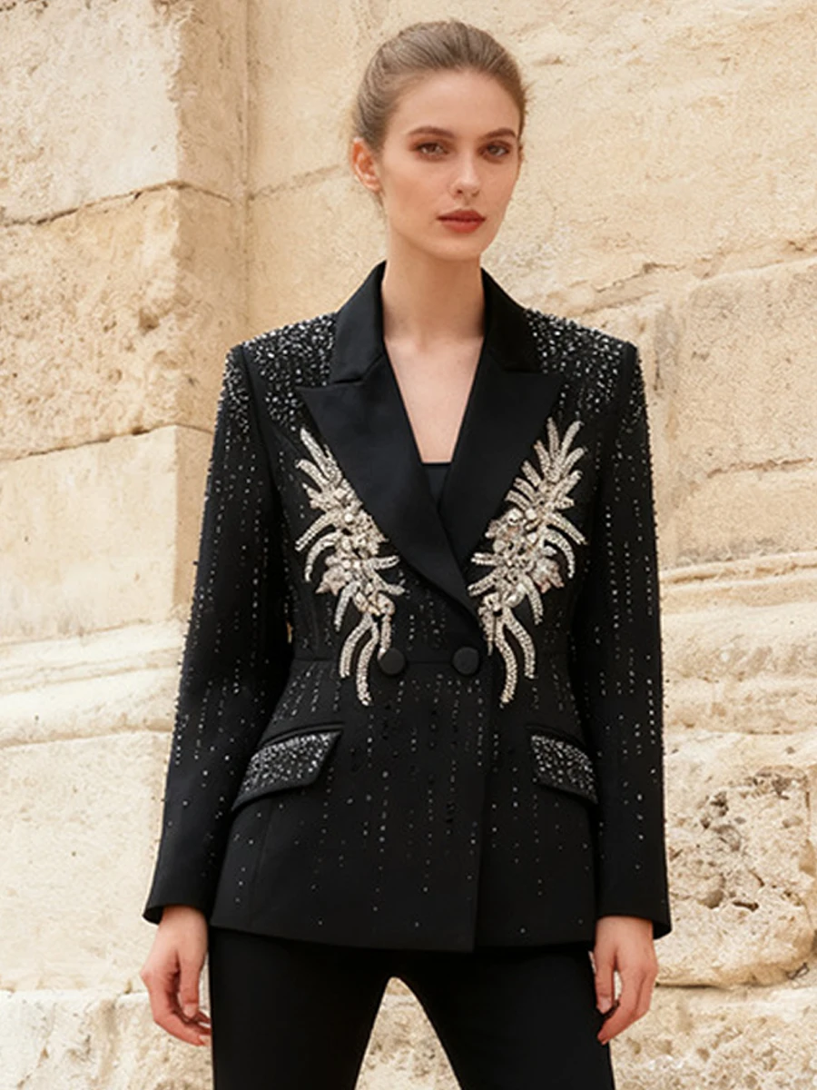 

Элегантный женский костюм с длинными рукавами, вышивкой пайетками, для деловых встреч и вечерних мероприятий, черный, модный дизайн, эффектный образ