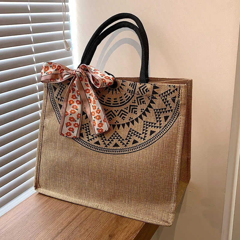 

Large Capacity Linen Handbag Bag Women's Retro Fashion Jute Cloth Shoulder Tote Bag Versatile Mommy Bag