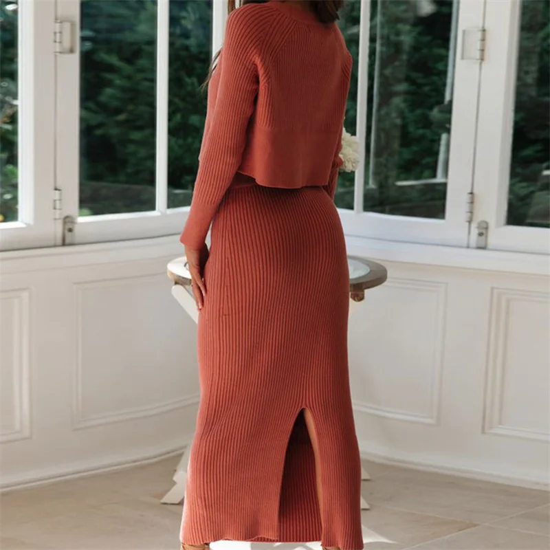 2 Pieces Set Bodycon Bandage Long Knit Dress, Sexy Long Sleeve Crop Top and High Split Skirt, Casual Sweater Dress Party Outfit