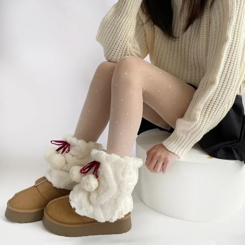 Pelzige Beinwärmer für Damen, Winter-Pom-Pom, warme, flauschige Stiefelüberzüge, Kunstpelz, Wintersocken, verdickte Imitations-Leggings, Stiefelüberzug
