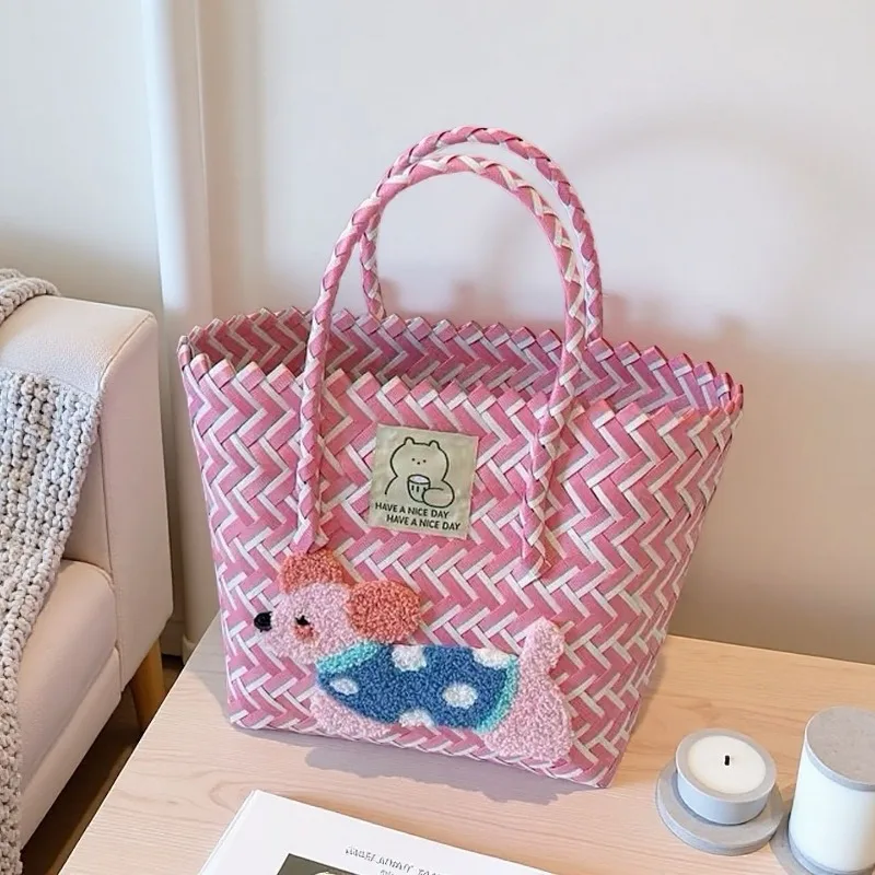 

Cute Dachshund Woven Tote Bag, Lightweight Striped Basket Bag with Embroidered Dog for Beach, Picnic Daily Shopping Outings Use