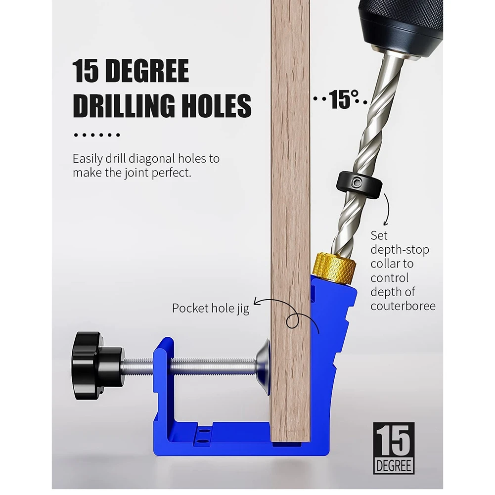 Kit di maschere per fori tascabili, Set di maschere per guida per fori tascabili per fori angolati A 15 °, per fori di perforazione angolari per la lavorazione del legno A