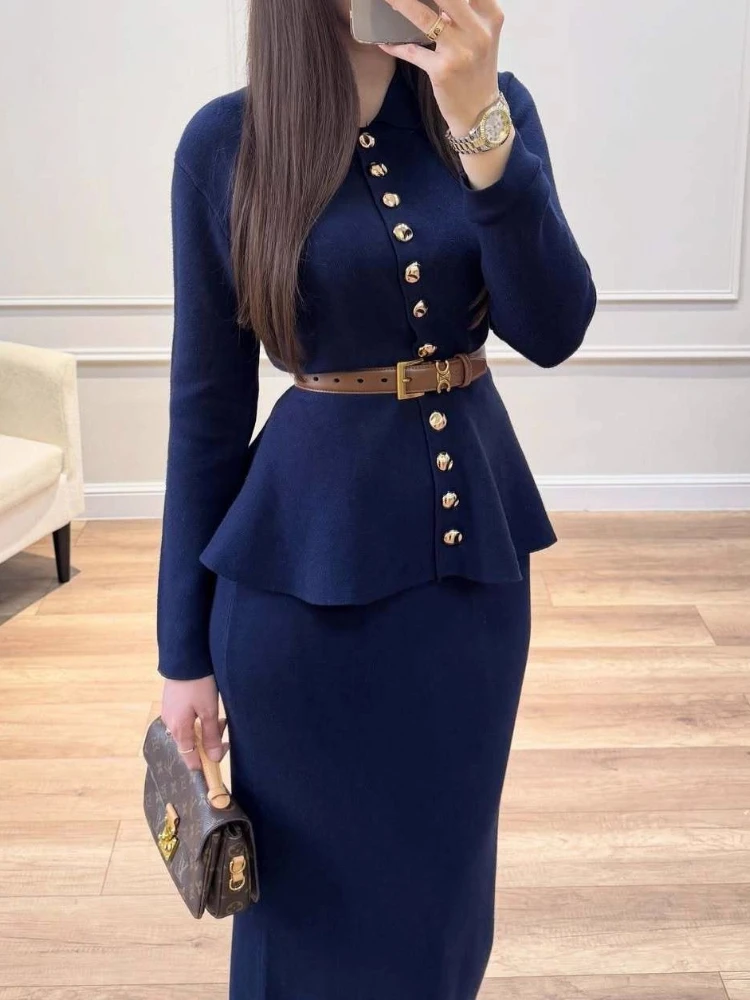 Autumn Women's Button Pleated Groove Fish Tail Wrapped Skirt Jacket Waist Cinching Dress