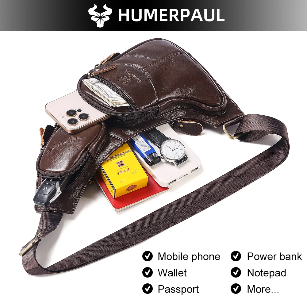 HUMERPAUL Retro-Leder-Brusttasche für Herren, große Kapazität, einschulterige Umhängetasche, Outdoor-Reisen, Wandern, Camping, Handy-Packung