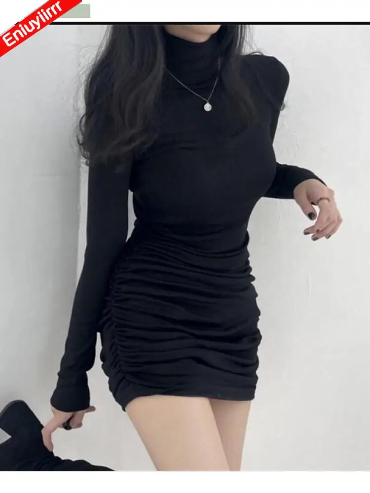 Đen Nhỏ ĐẦM THU ĐÔNG Cơ Bản Mặc Nữ Thời Trang Ôm Dáng Bodycon Băng Bút Chì Turtlenck Áo Thun Đầm