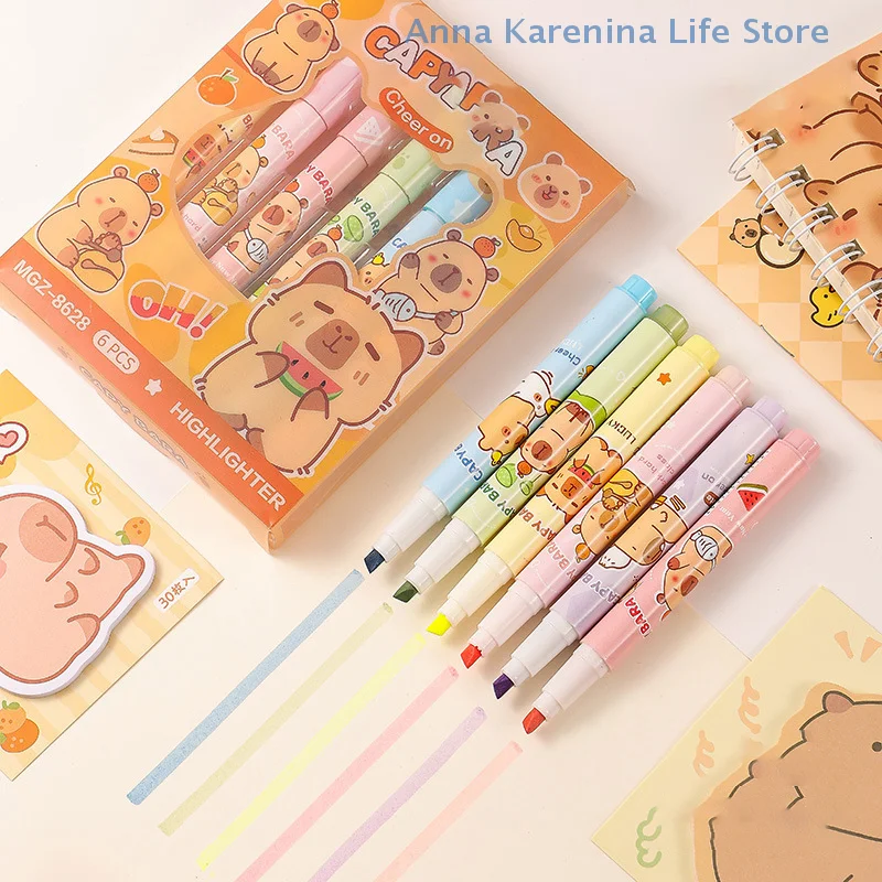 

Набор из 6 быстросохнущих ручек-маркеров с милыми рисунками капибары для плавного письма — отличные офисные школьные принадлежности