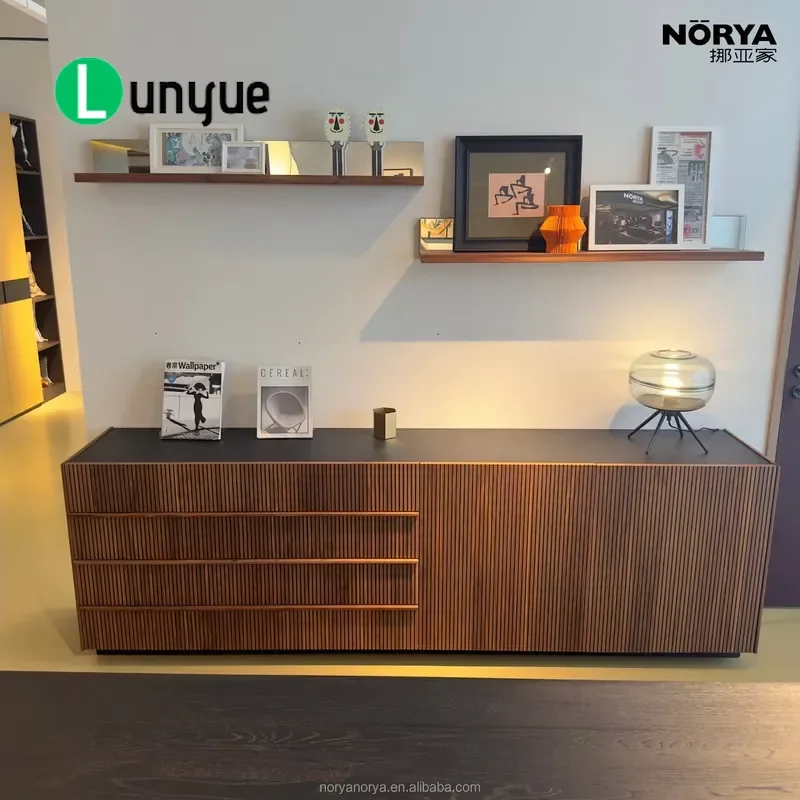 Modern Walnut Side Cabinet with HPL Top 4 Drawers 2 Doors Storage Furniture for Living Room Durable Wood Grain Design Home