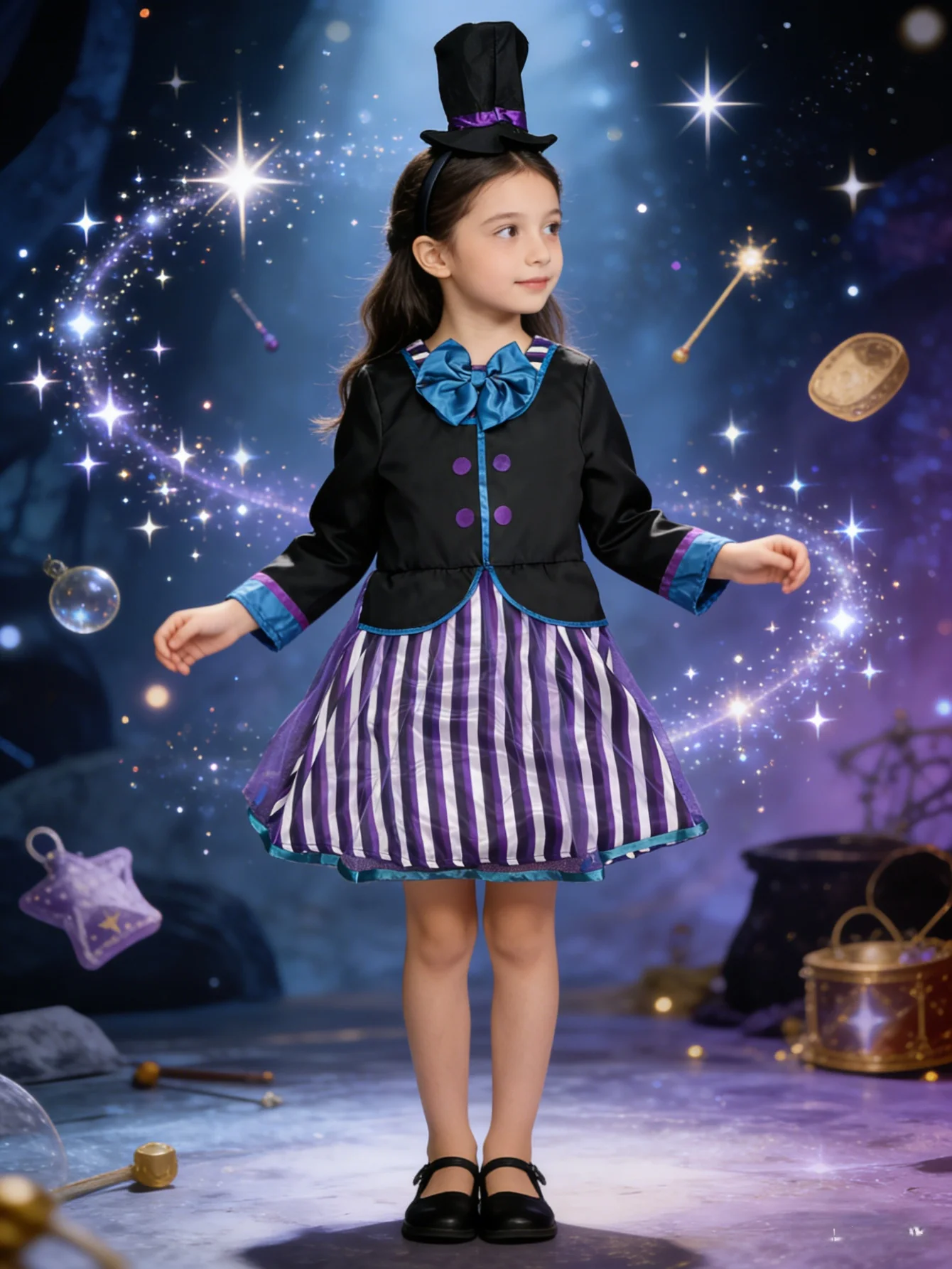Conjunto de disfraz de temática oscura para niñas, vestido a rayas y mini sombrero de copa, traje de juego de rol para fiesta de Halloween para niños.