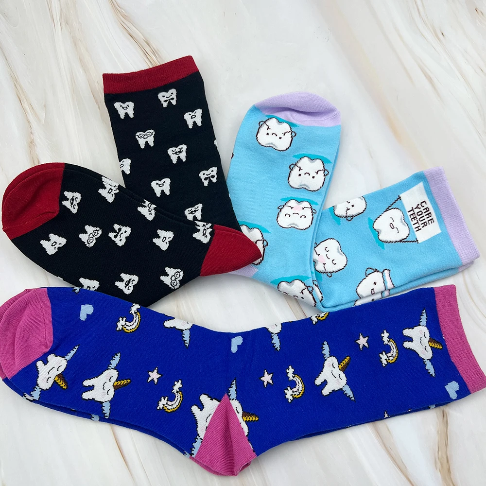 Cute Dental Tooth Teeth Pattern Socks Adult Children Funny Girl Gift Stockings Polyester Soft Creative Cotton Socks Size 35-40