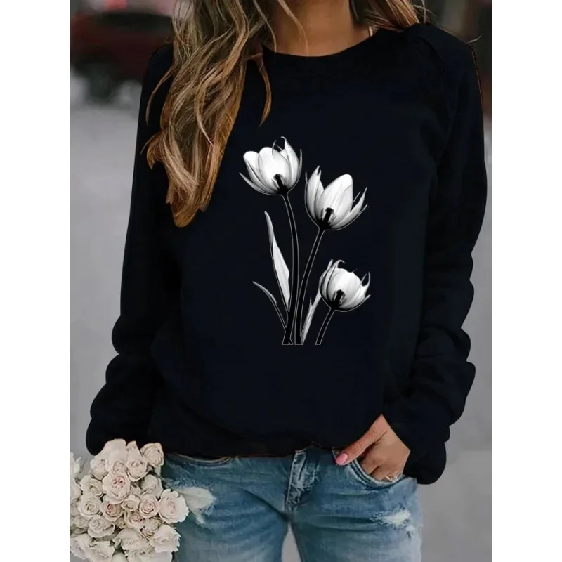 New Women's Burst Flower Pattern Printed Pullover Casual Round Neck Hoodie Sweatshirt  Sweatshirts  Clothes  Streetwear Women