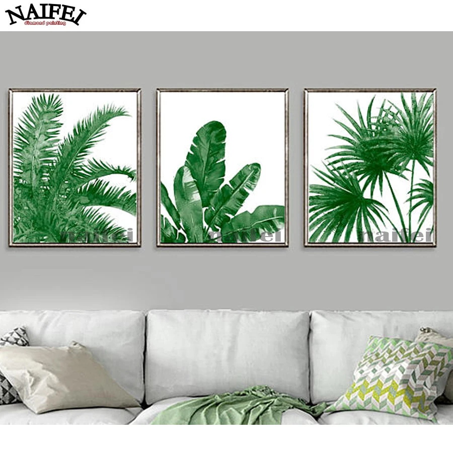 Full Square Diamond Painting, 5D Diamond Embroidery Crafts, Green Palm Leaves, Tropical Leaves, Cross Stitch, Mosaic, 3Pc Set