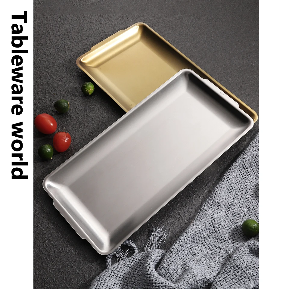 Thick Stainless Steel Gold Serving Plate Restaurant Fish BBQ Skewers Seafood Sushi Plate Rectangular Large Flat Storage Tray