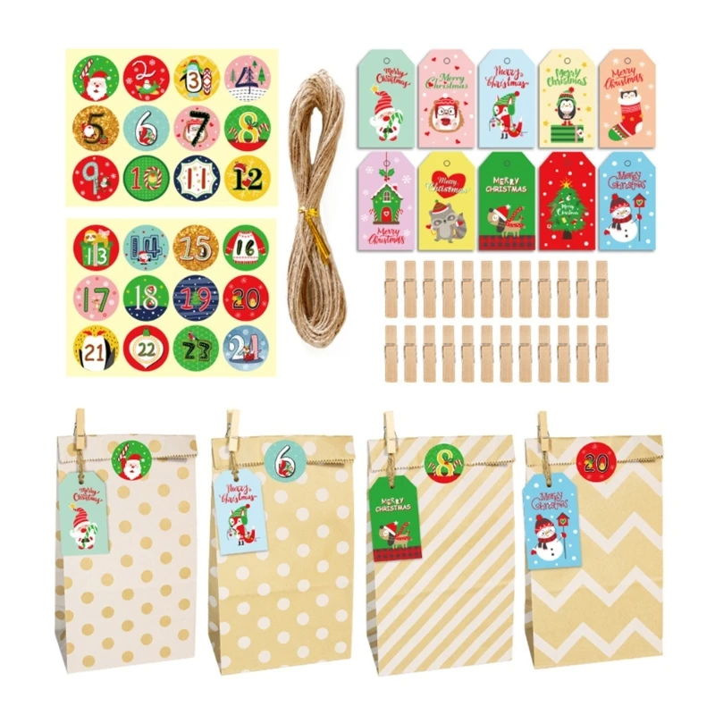 24 Pcs Christmas Gift Bags Set Christmas Party Treat Bags Candy Bag Set Including Sticker Labels, Gift Wrap Tags & Rope Dropship