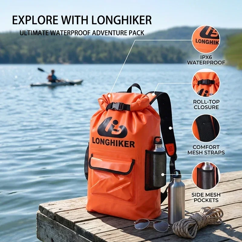 River Trekking Waterproof Backpack PVC 20L Foldable Reusable, Orange Yellow Grey High Strength Buckle Dry Bag Swimming Kayaking