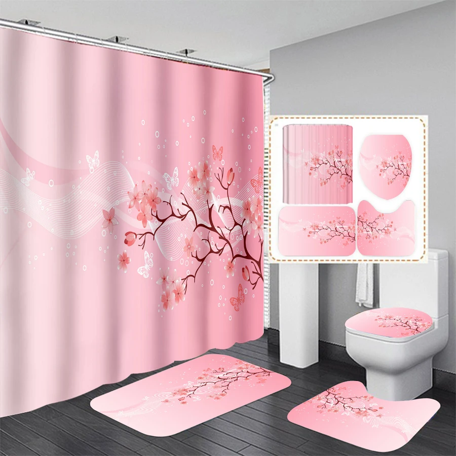 New Cherry Blossom 3D Print Shower Curtain Waterproof Bathroom Curtain Anti-slip Bath Mat Set Toilet Rugs X02