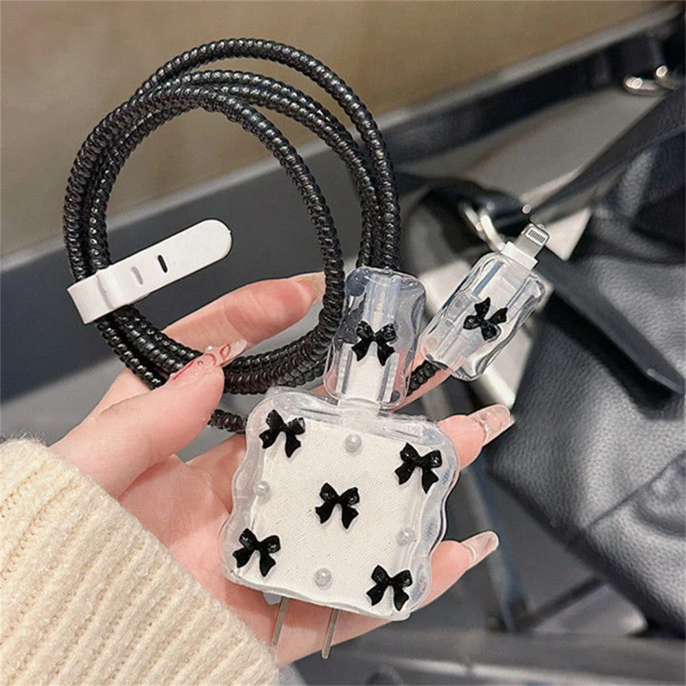 Cute 3D Pearl Little Bowknot Y2K USB Cable Protector Cover for IPhone 18W/20W Data Line Head Cord Fast Charging Case Sleeve