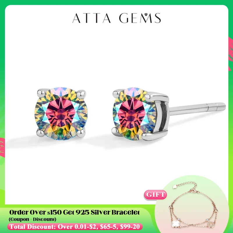ATTAGEMS 여성용 컬러 모이사나이트 스터드 귀걸이, 0.5CT D 컬러 S925 실버, 다이아몬드 테스트 통과, 웨딩 파티 선물, 파인 주얼리