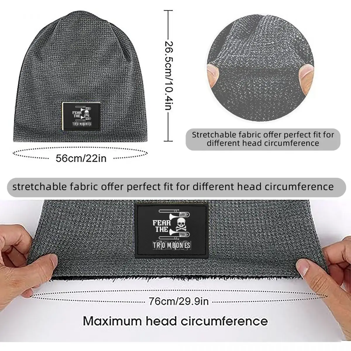 Fear The Trombones Waffle Knit Fleece Lined Beanie with PU Leather Patch Unisex Warm Winter Soft Cap