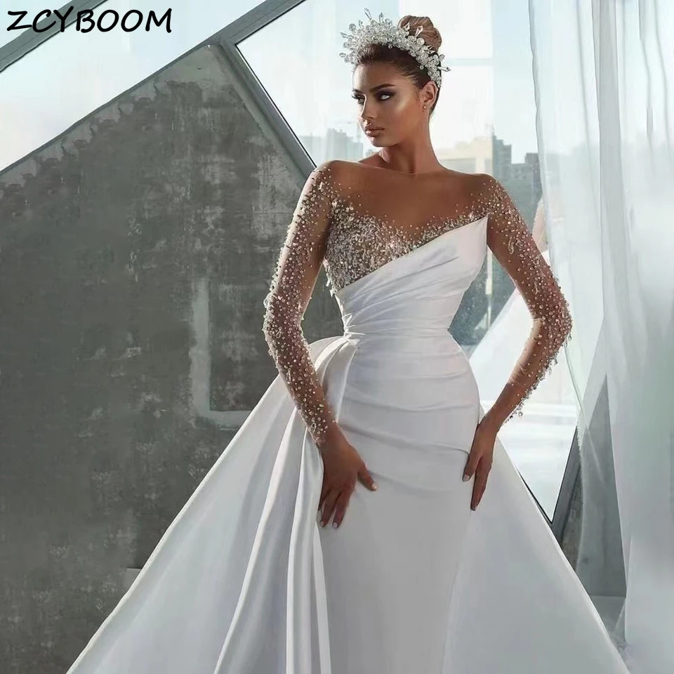 

Elegant Crystal Beaded Mermaid Wedding Dresses O Neck Illusion Long Sleeves 2025 With Court Train Tulle Bridal Gowns For Women