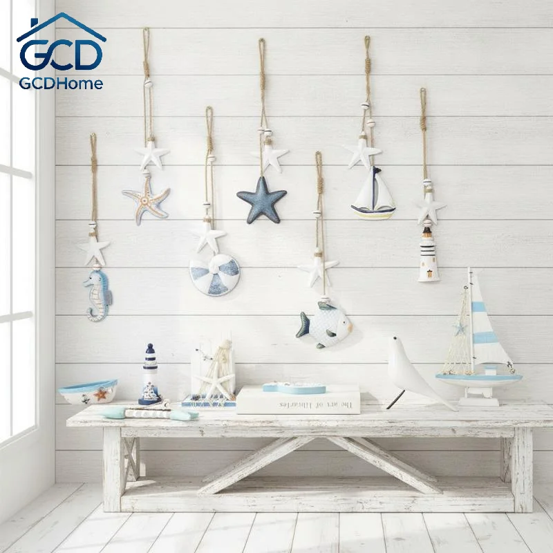 Handmade Wooden Ocean Animal Wall Pendants with Jute Rope Mediterranean Style Nautical Decor for Living Room Bathroom Bedroom