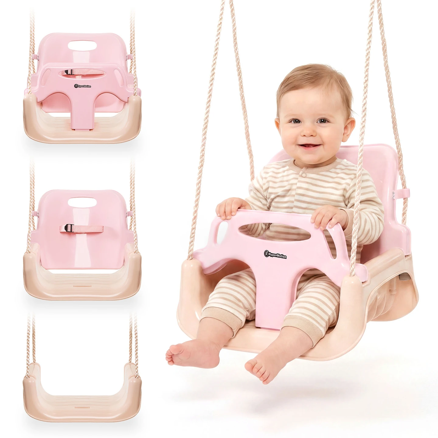 3-in-1 Hypermotion-schommel, poederroze, voor kinderen vanaf 6 maanden, draagvermogen tot 30 kg – voor thuis en in de tuin, verstelbare touwen van ongeveer 130–165 cm, veiligheidsgordels, afneembare