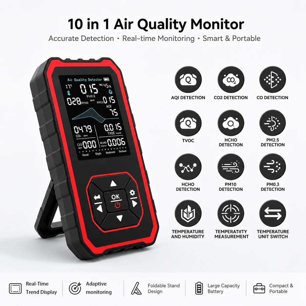 10-in-1 Indoor Air Quality Detector HCHO Formaldehyde TVOC PM2.5 Monitor Digital Temp Humidity Meter for Home Office Bedroom