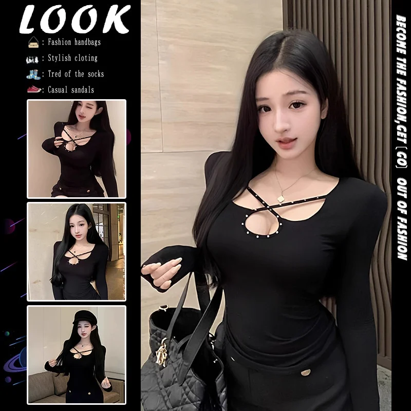 Slim Fit Short Sleeve Women's T-shirt Black High Waist Warmth Inner Wear Casual Fashion High Street Style Online Exclusive