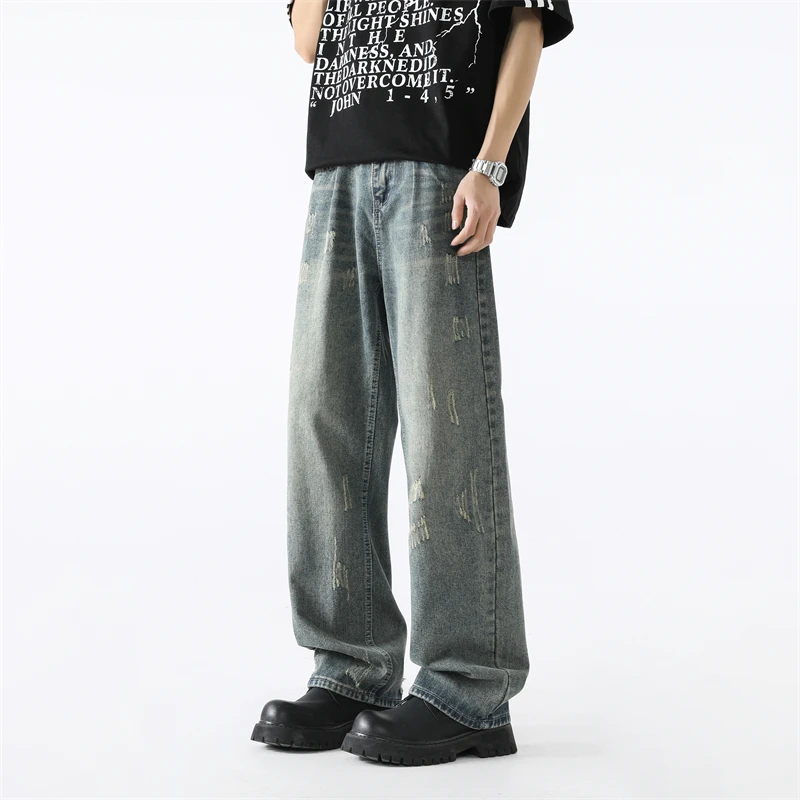 

HIQOR Men Baggy Straight Pants Four Seasons Korean Jeans For Men Free Shipping Fashion Scratched Design Vintage Men Denim Pants