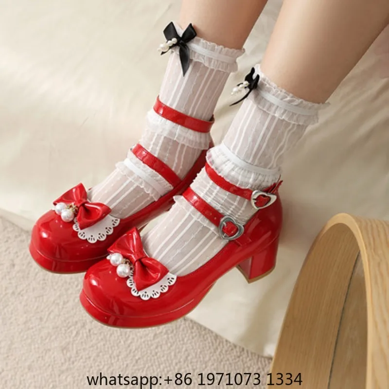 Women's Low Heels Mary Janes Lolitas Shoes Elegant Pumps Straps Sweet White Red Black Office Wedding Shoes Girls Large Size 45
