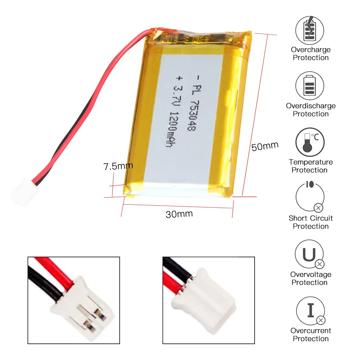 Batería Lipo recargable 3,7 V 1200mAh 753048
