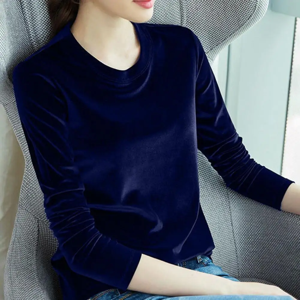 Elegant Velvet Women Blouse Temperament Bright Surface T-shirt Pullover Spring Autumn Bottoming Shirt Women Pullover Lady Top