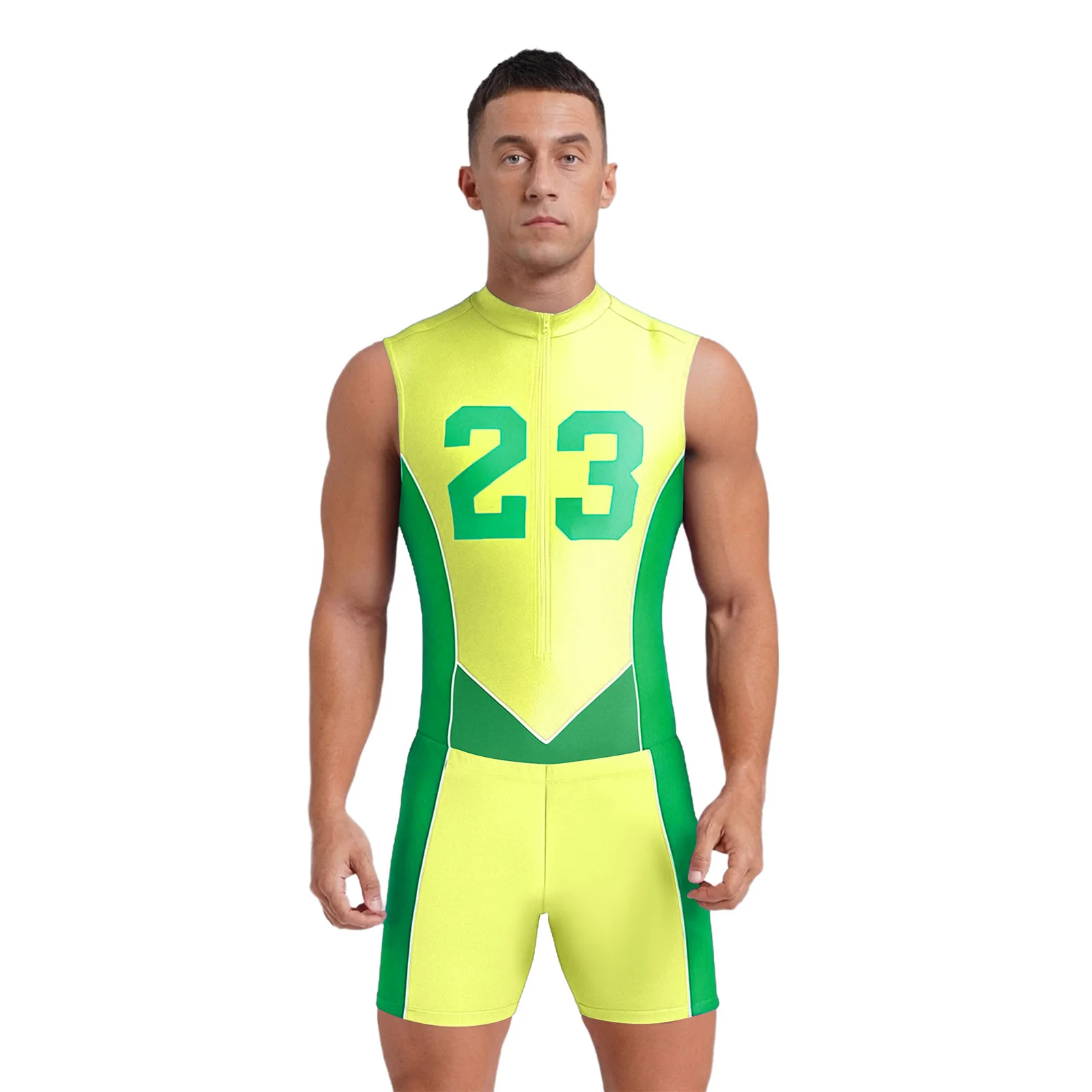 

Men Sports Workout Outfit Sleeveless Number Printed Leotard with Shorts for Cycling Swimming Running Workout Exercise Costumes