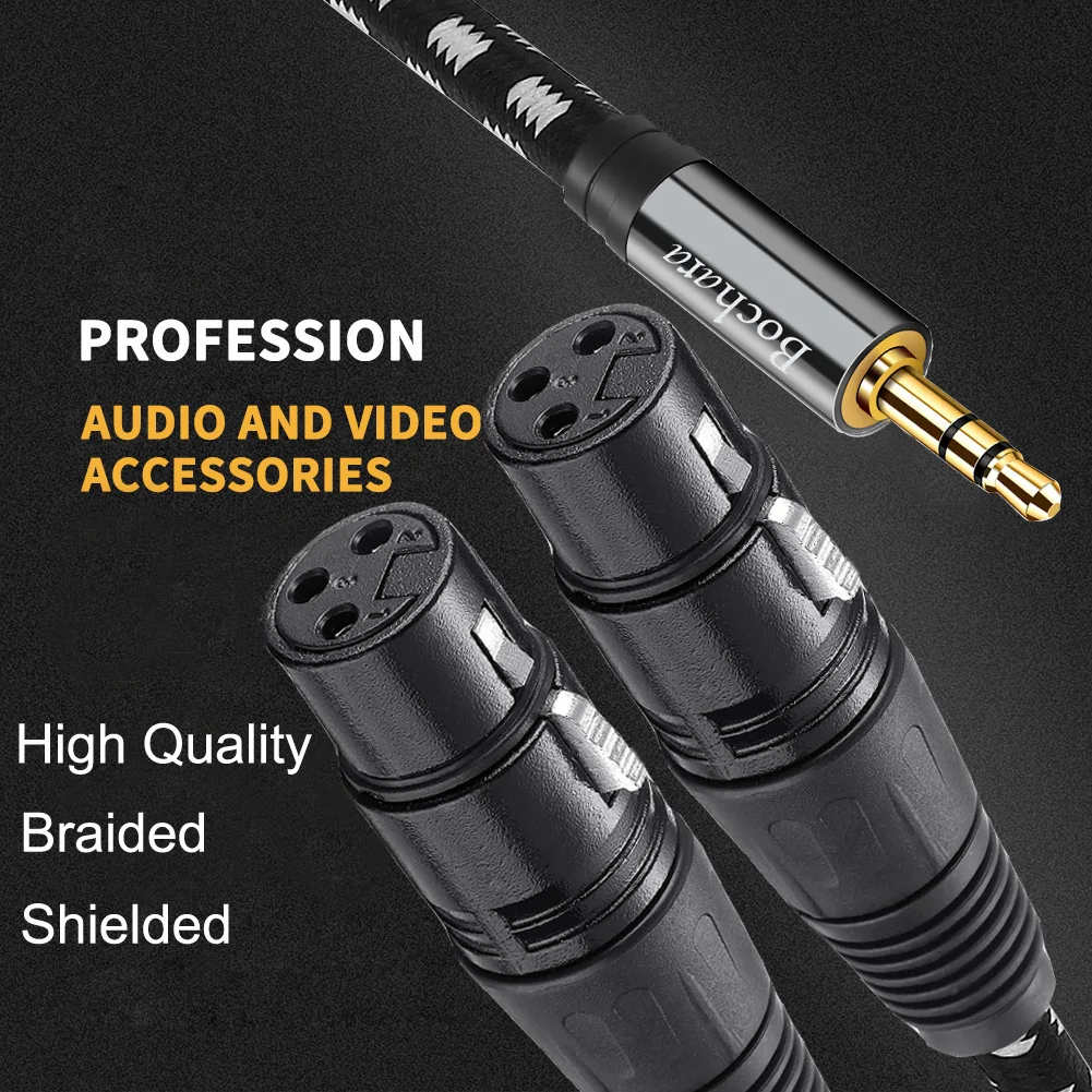 Bochara Fabric Braided 1/8\'\' 3.5mm TRS Jack Male to Dual XLR Female OFC Audio Cable Foil+Braided Shielded For Speakers