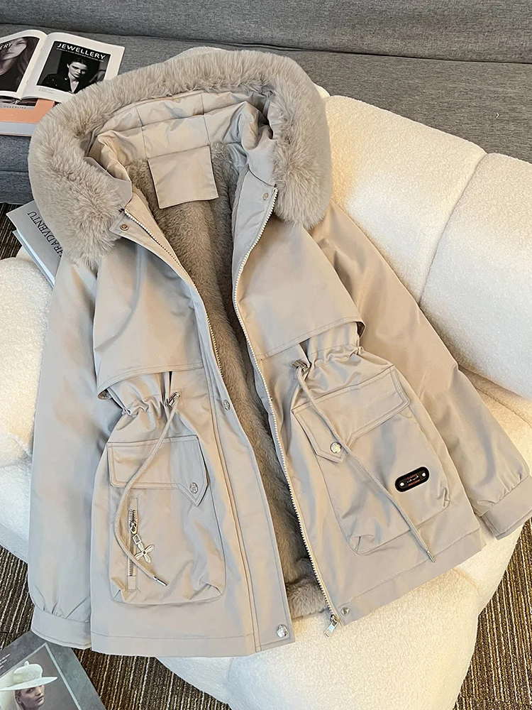 Women Fur Inside Mid-long Parkas 2024 Casual Warm Fur Collar Hooded Windproof Parkas Coat With Belt Female Outwear Winter Jacket